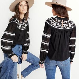 Anthropologie Maeve Winona Lace Embroidered Boho Peasant Blouse Black XS